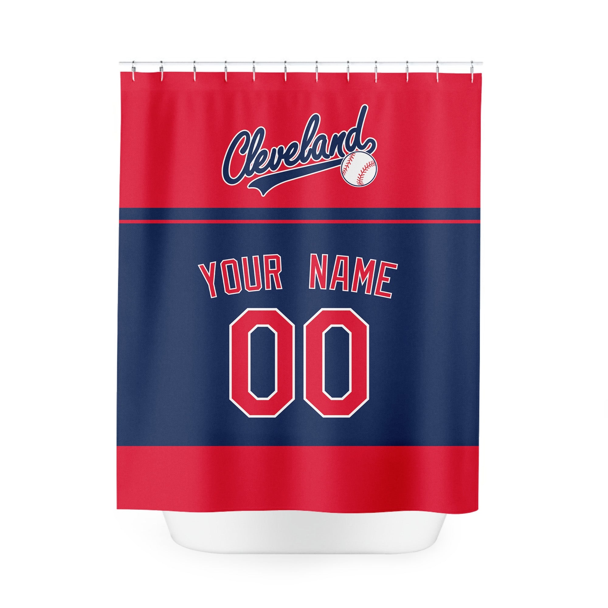 Personalized Cleveland baseball shower curtain in red navy and white with custom name and number on white background