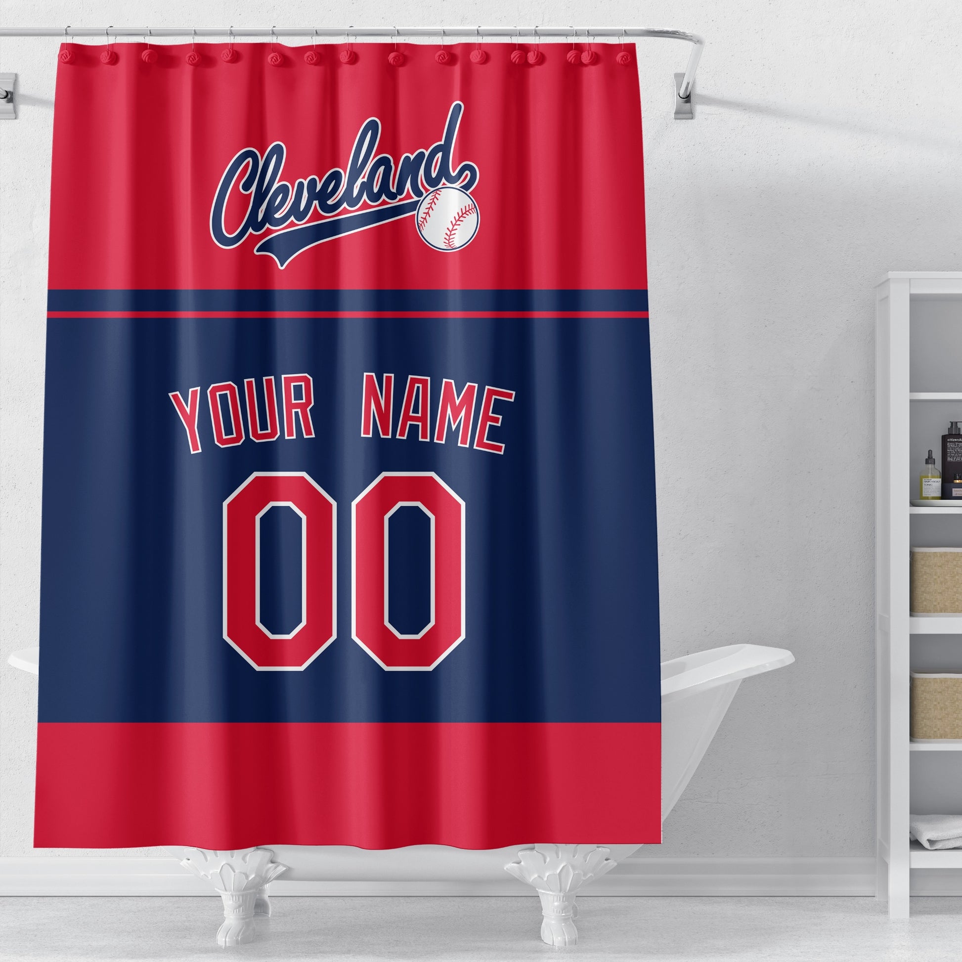 Personalized Cleveland baseball shower curtain in red navy and white displayed above a bathtub in a bright bathroom