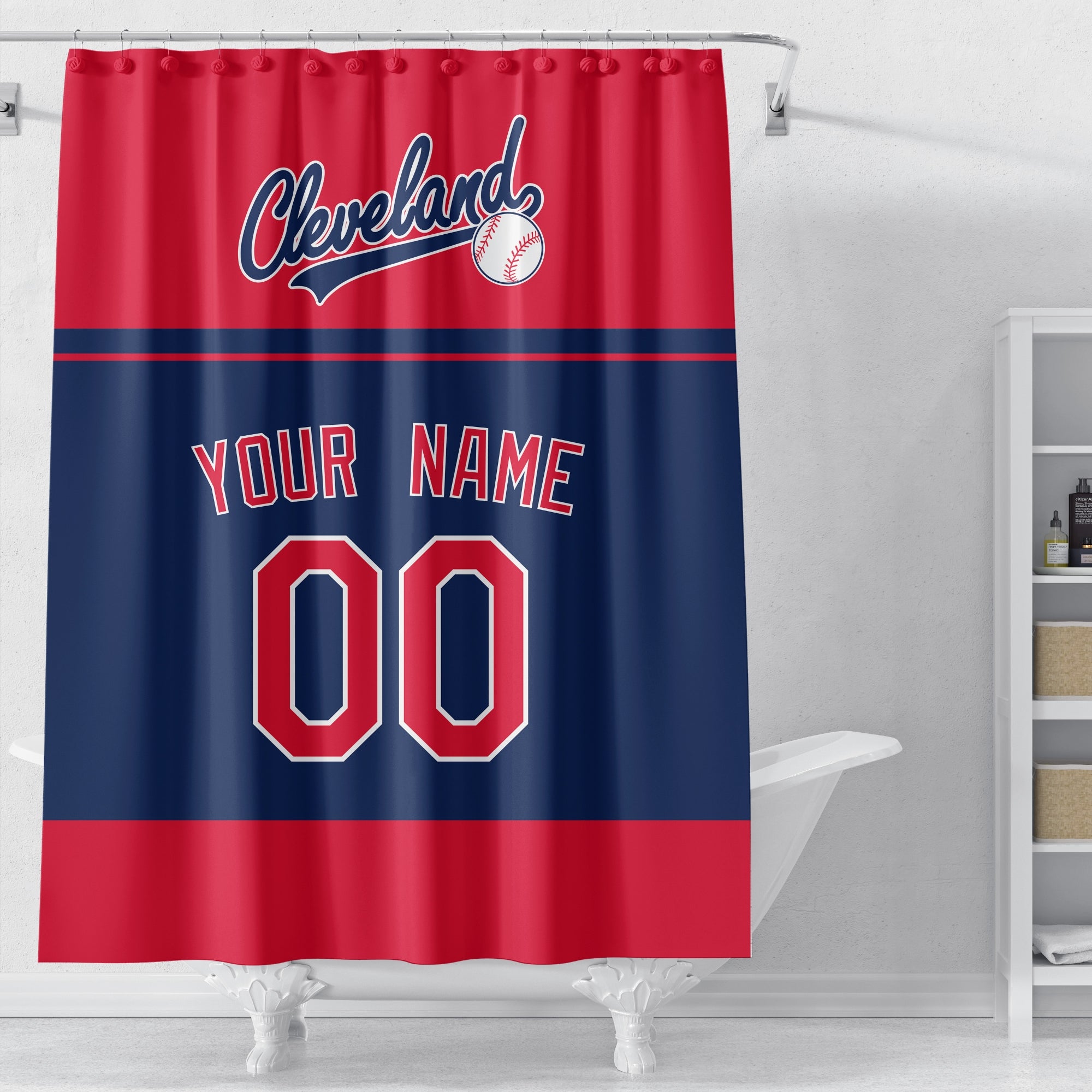 Personalized Cleveland baseball shower curtain in red navy and white displayed above a bathtub in a bright bathroom