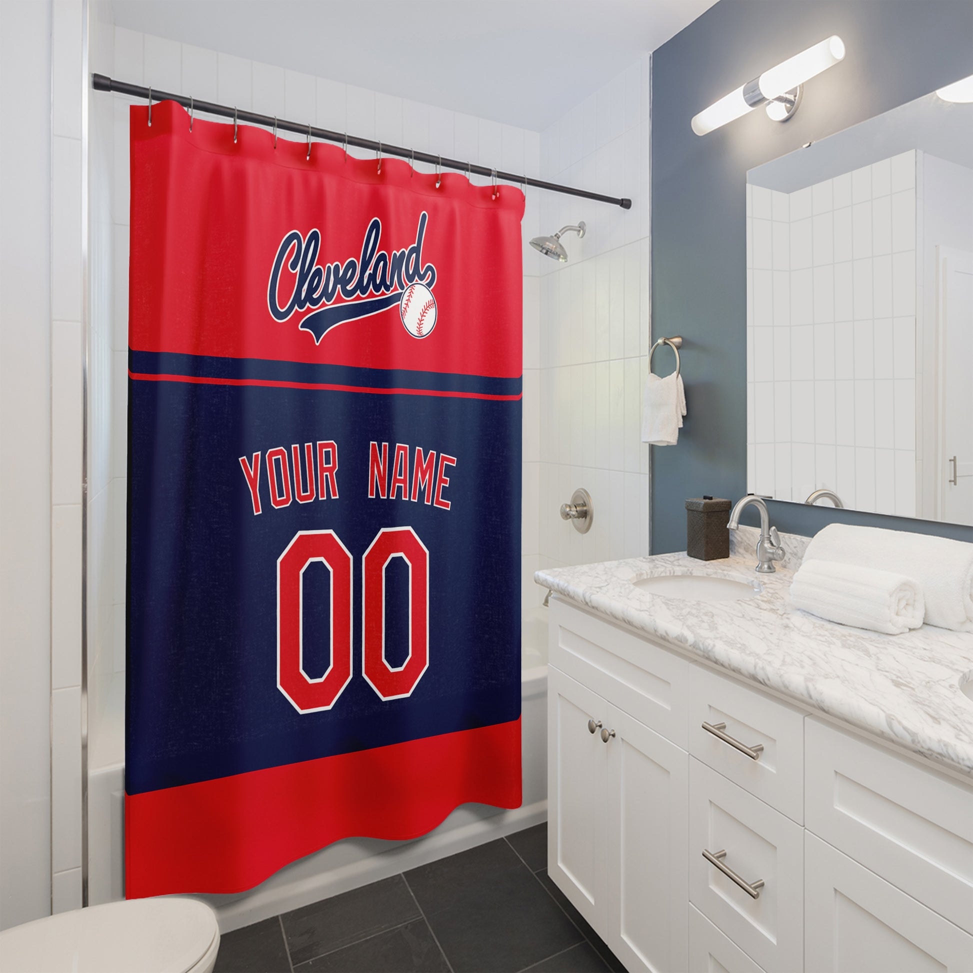 Personalized Cleveland baseball shower curtain in red navy and white hanging in a modern bathroom with custom name and number