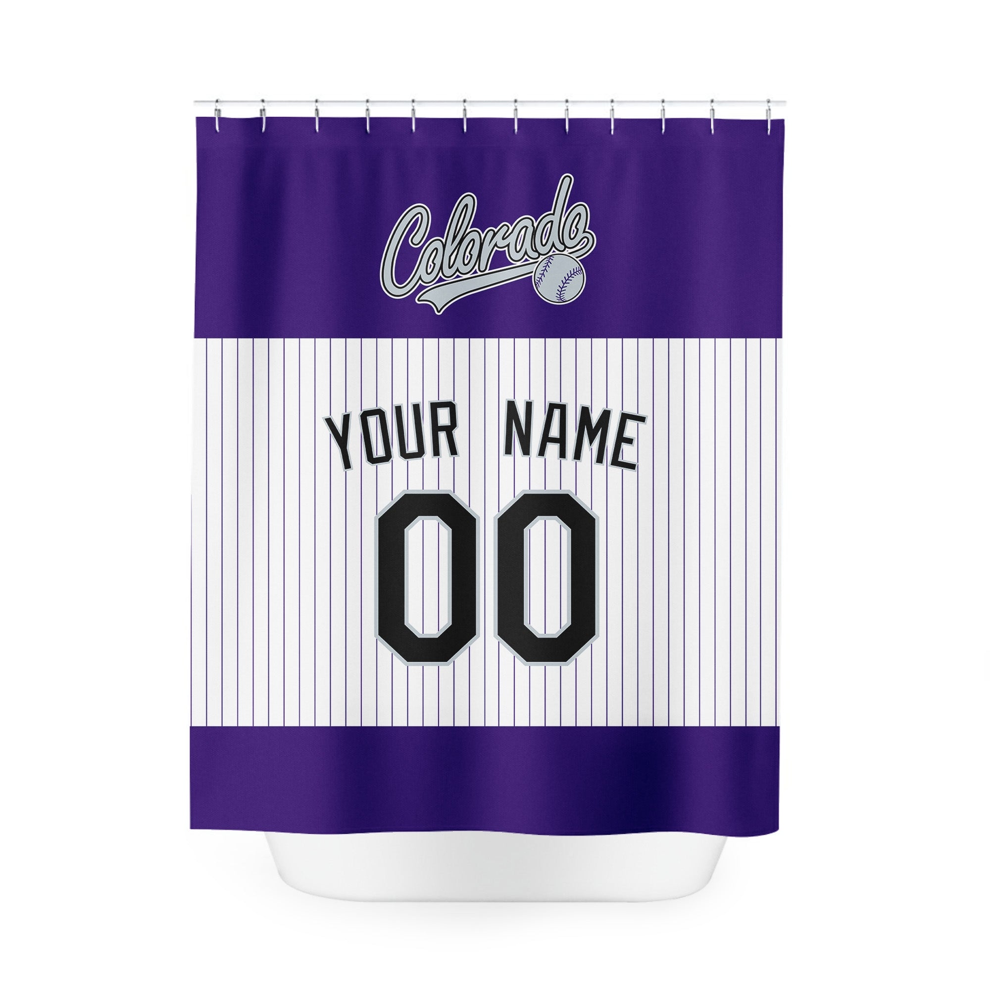 Personalized Colorado baseball shower curtain in purple white and black with custom name and number on white background