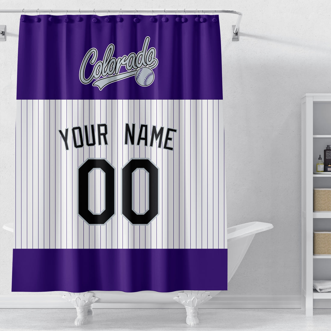 Personalized Colorado baseball shower curtain in purple white and black with custom name and number on white background