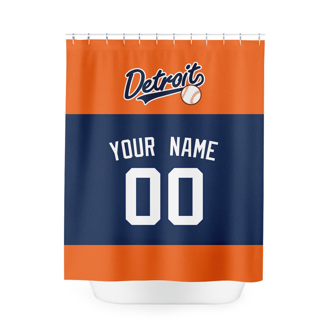 Personalized Detroit baseball shower curtain in orange navy and white with custom name and number on white background