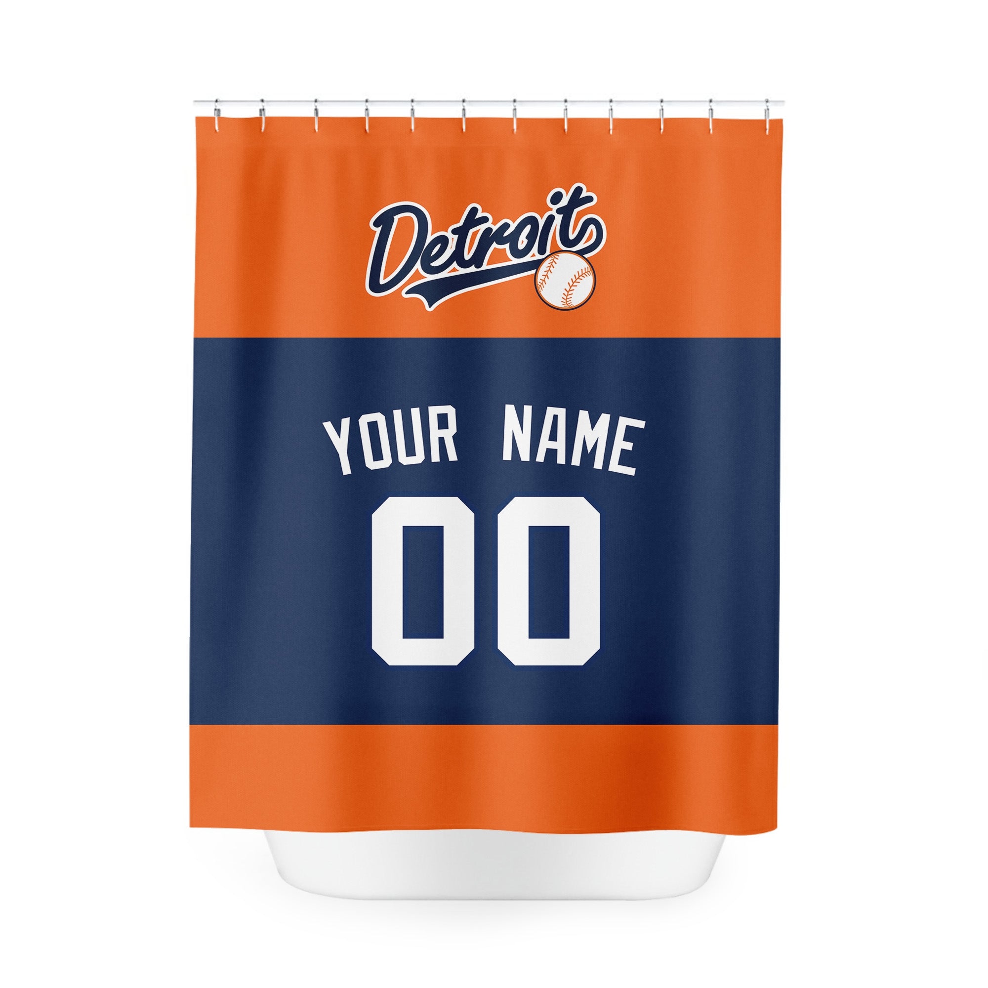 Personalized Detroit baseball shower curtain in orange navy and white with custom name and number on white background