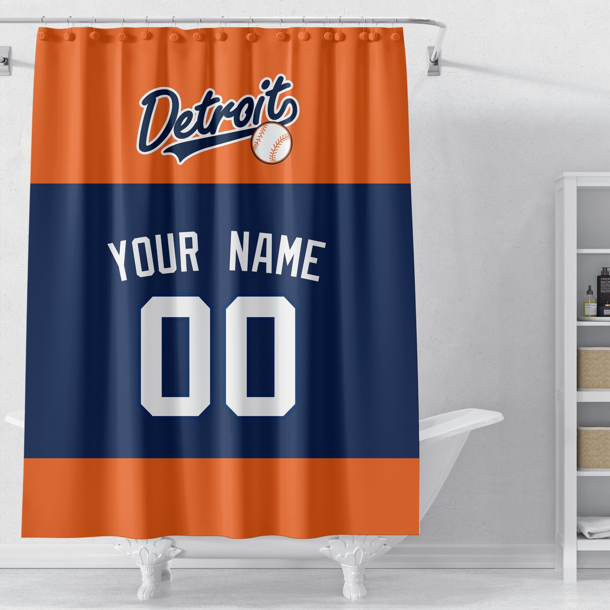 Personalized Detroit baseball shower curtain in orange navy and white displayed above a bathtub in a bright bathroom