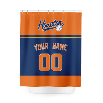 Personalized Houston baseball shower curtain in orange navy and blue with custom name and number on white background
