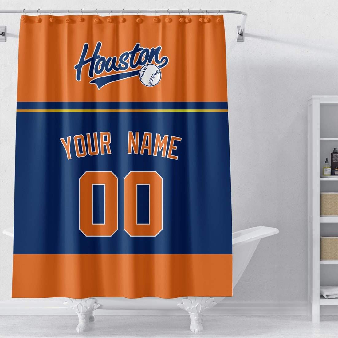 Personalized Houston baseball shower curtain in orange navy and blue with custom name and number on white background