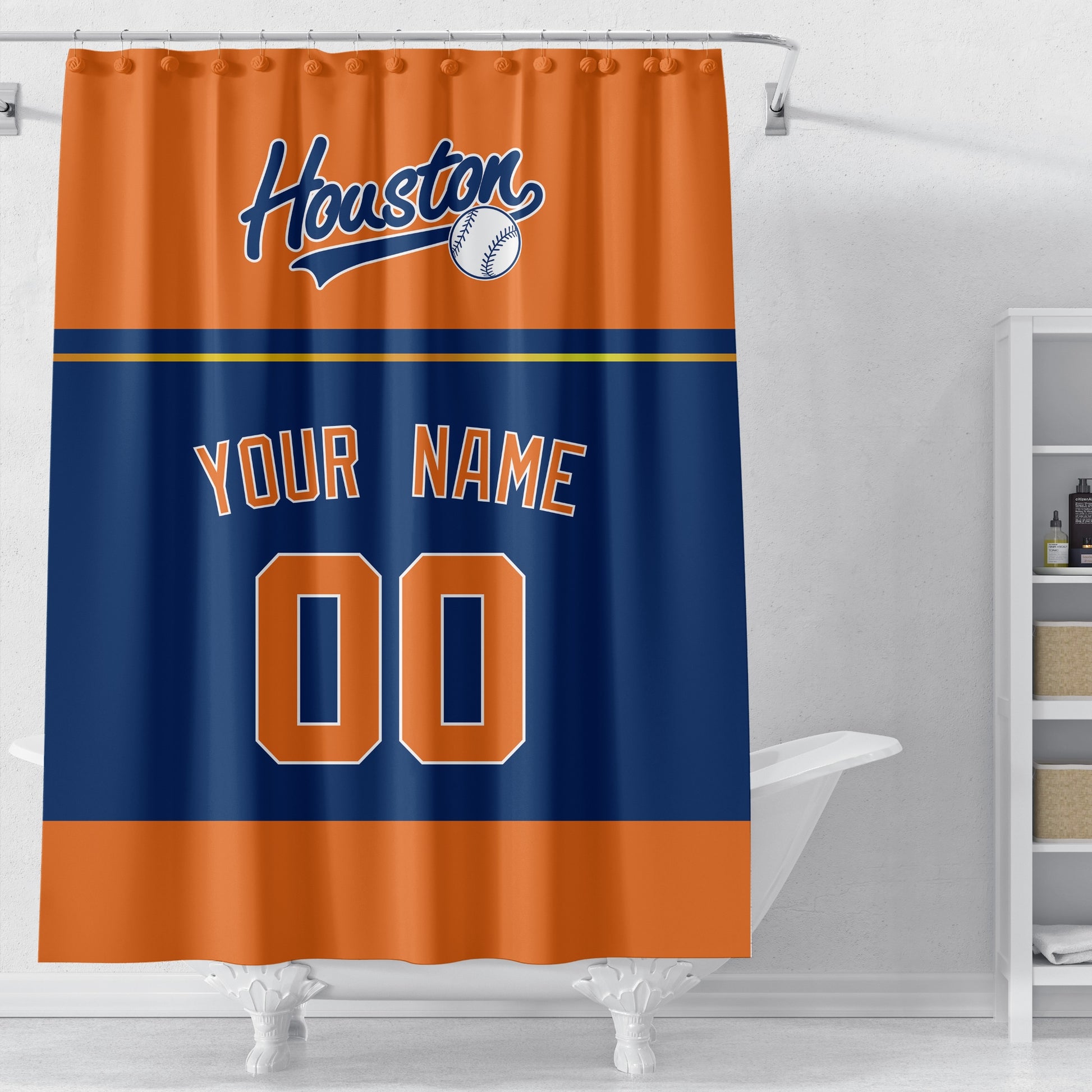 Personalized Houston baseball shower curtain in orange navy and blue displayed above a bathtub in a bright bathroom