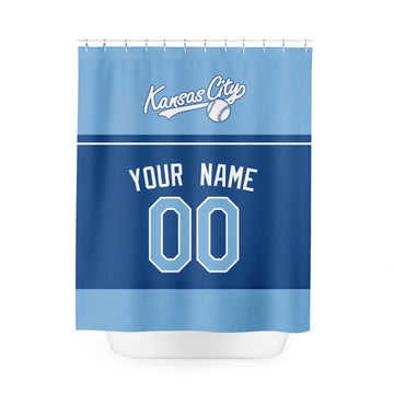 Personalized Kansas City baseball shower curtain in light blue navy and white with custom name and number on white background