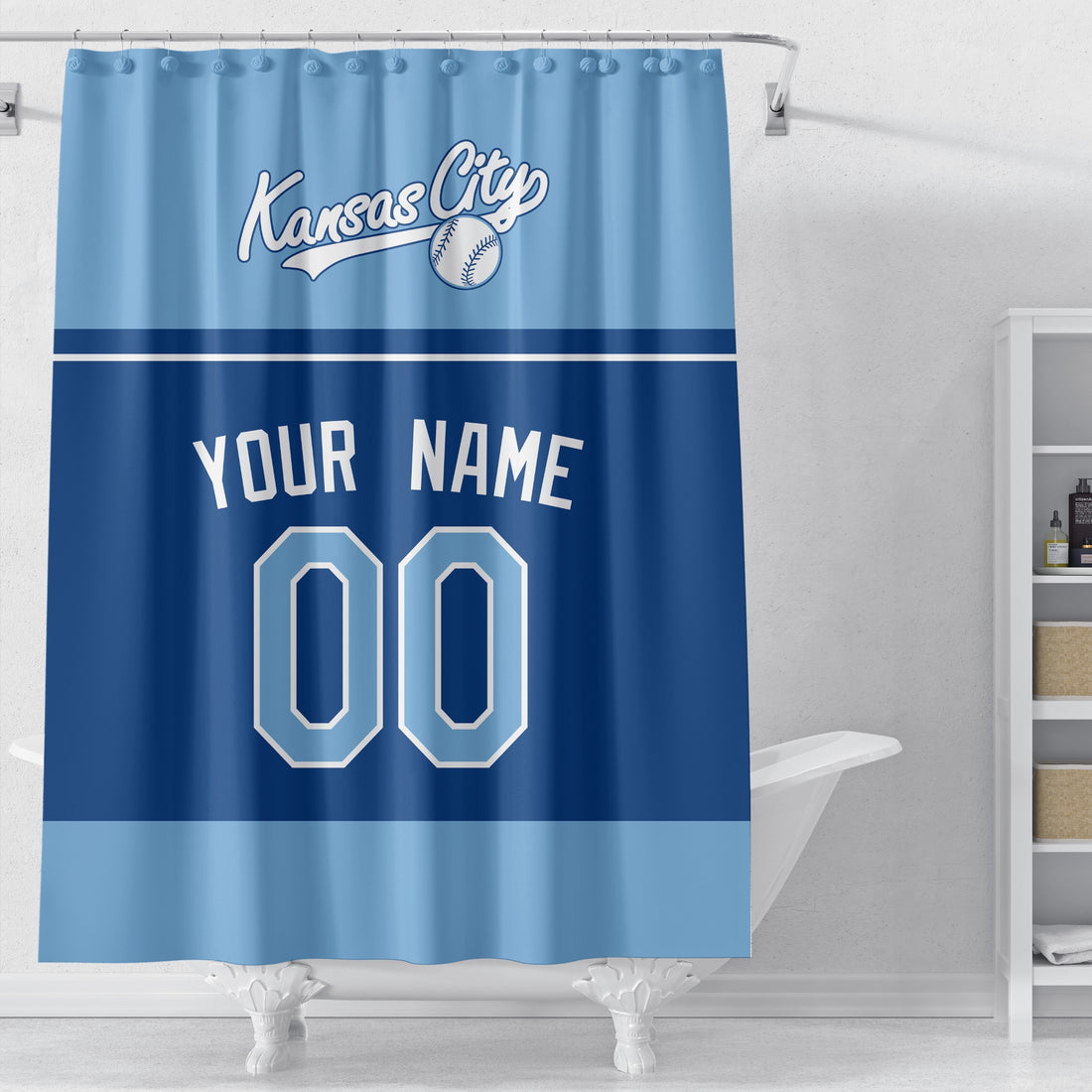 Personalized Kansas City baseball shower curtain in light blue navy and white with custom name and number on white background