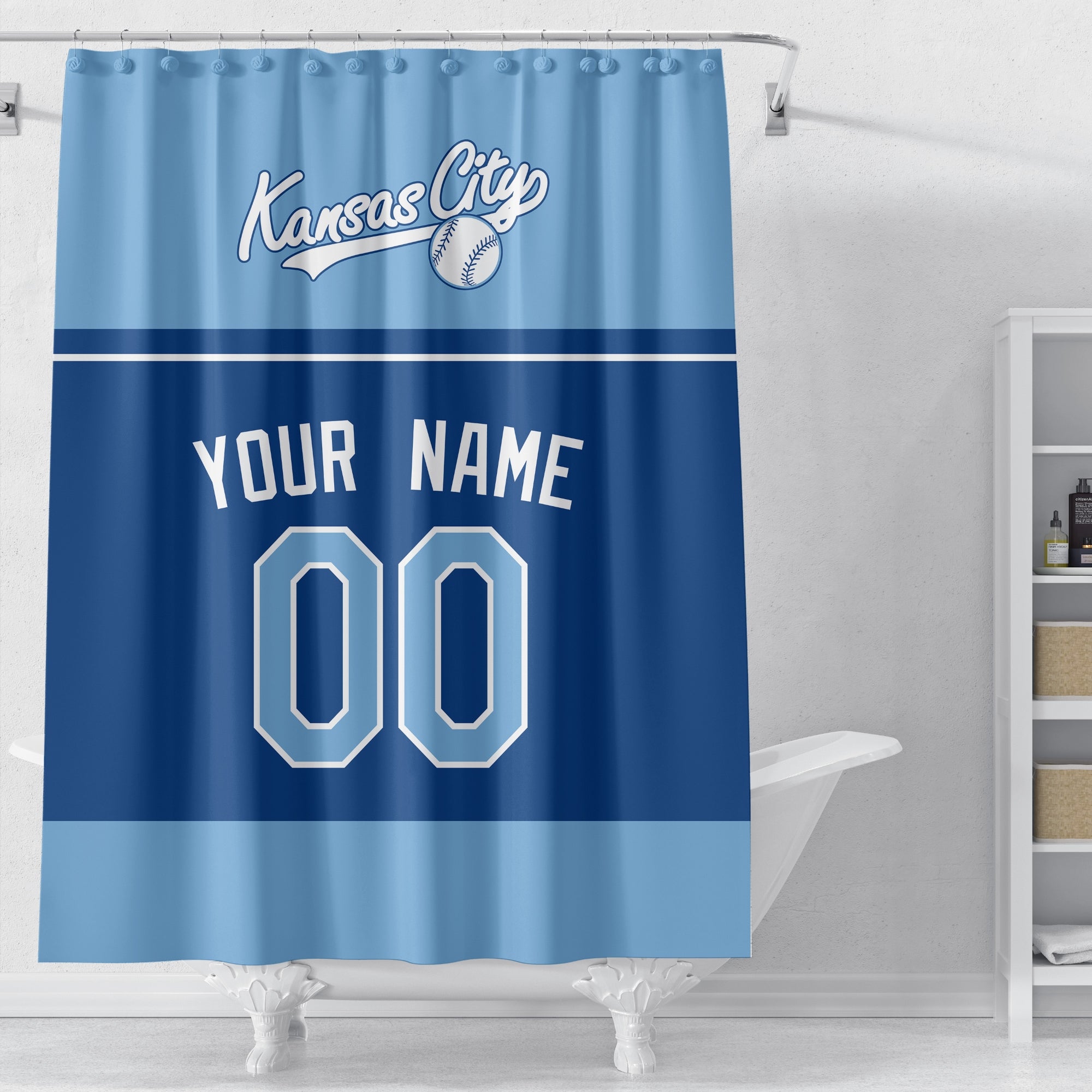 Personalized Kansas City baseball shower curtain in light blue navy and white displayed above a bathtub in a bright bathroom
