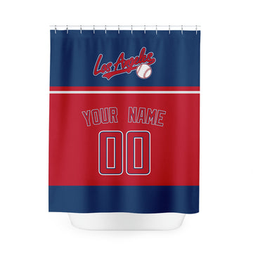 Personalized Los Angeles Red baseball shower curtain in navy red and white with custom name and number on white background