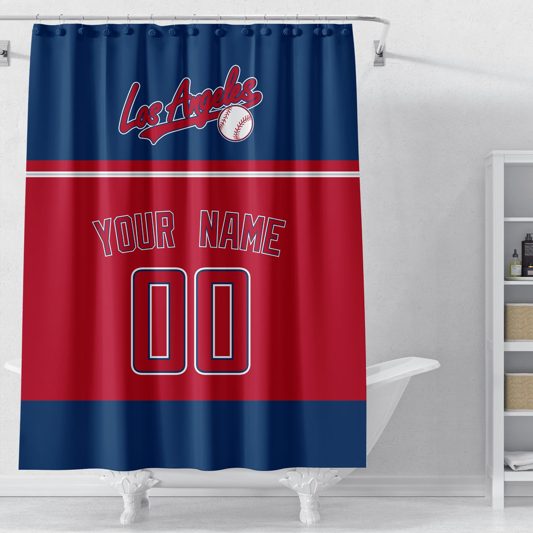 Personalized Los Angeles Red baseball shower curtain in navy red and white with custom name and number on white background