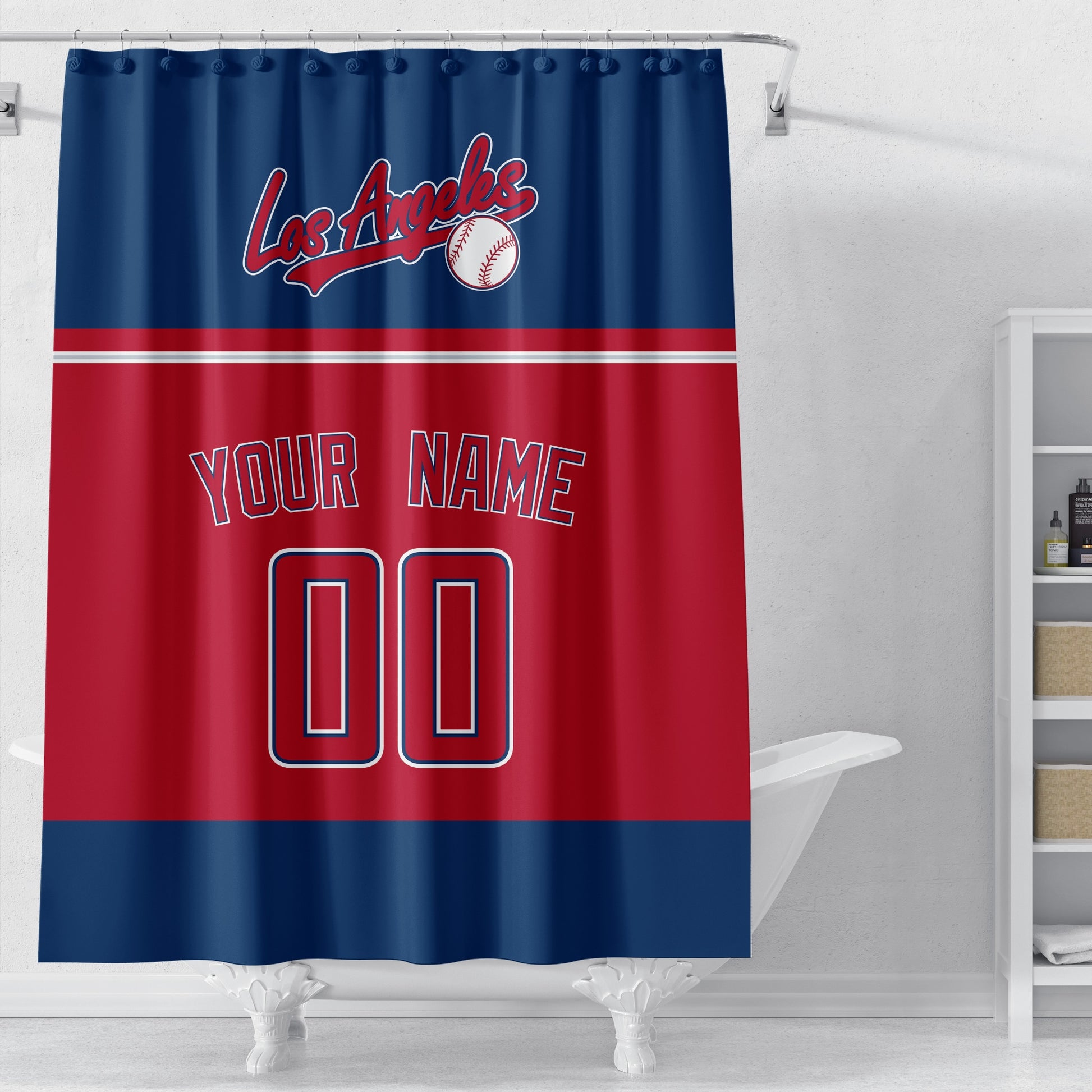 Personalized Los Angeles Red baseball shower curtain in navy red and white displayed above a bathtub in a bright bathroom