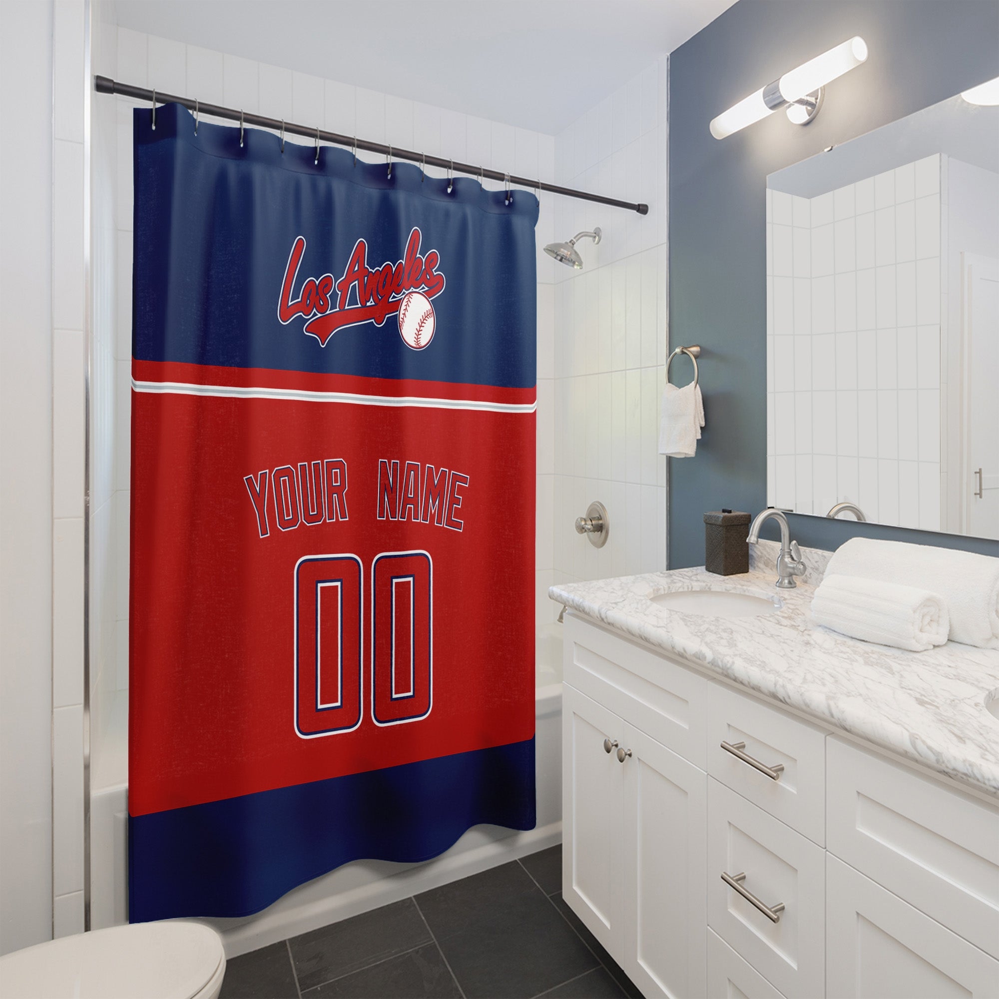 Personalized Los Angeles Red baseball shower curtain in navy red and white hanging in a modern bathroom with custom name and number