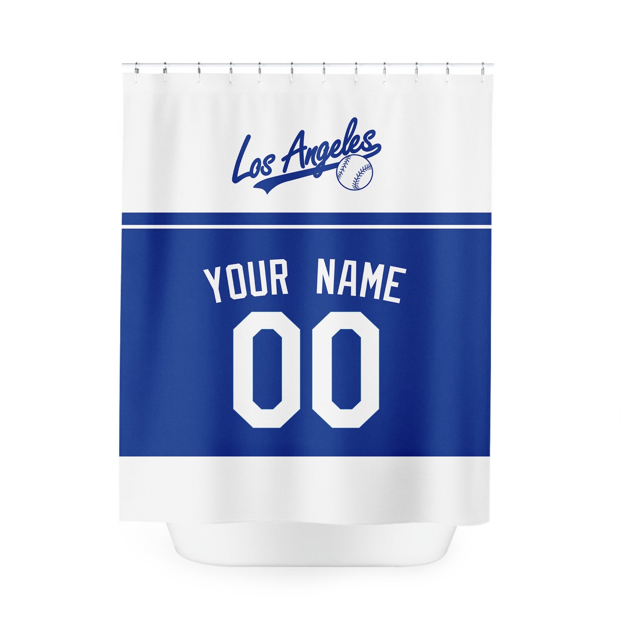 Personalized Los Angeles Blue baseball shower curtain in white royal blue and navy with custom name and number on white background