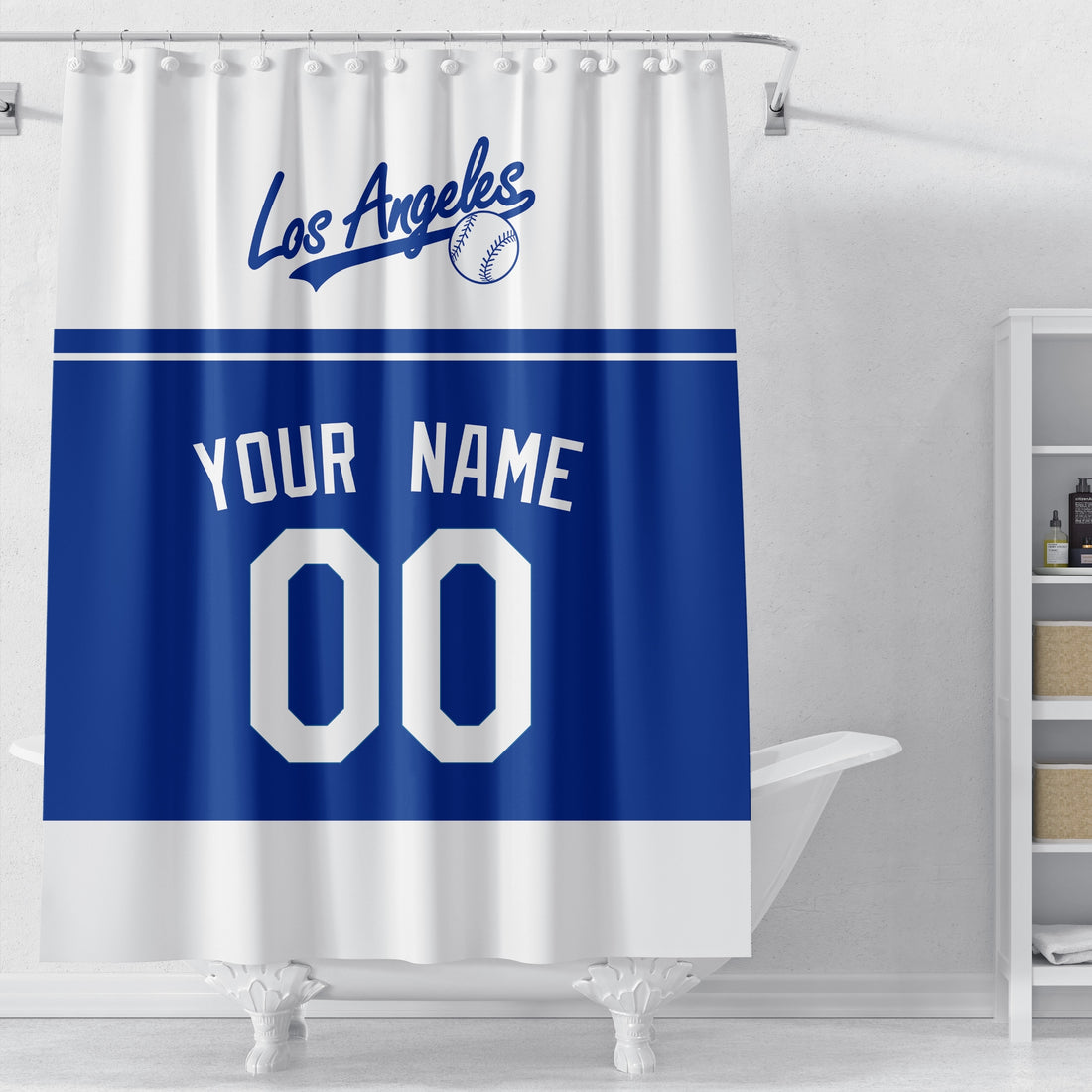 Personalized Los Angeles Blue baseball shower curtain in white royal blue and navy with custom name and number on white background