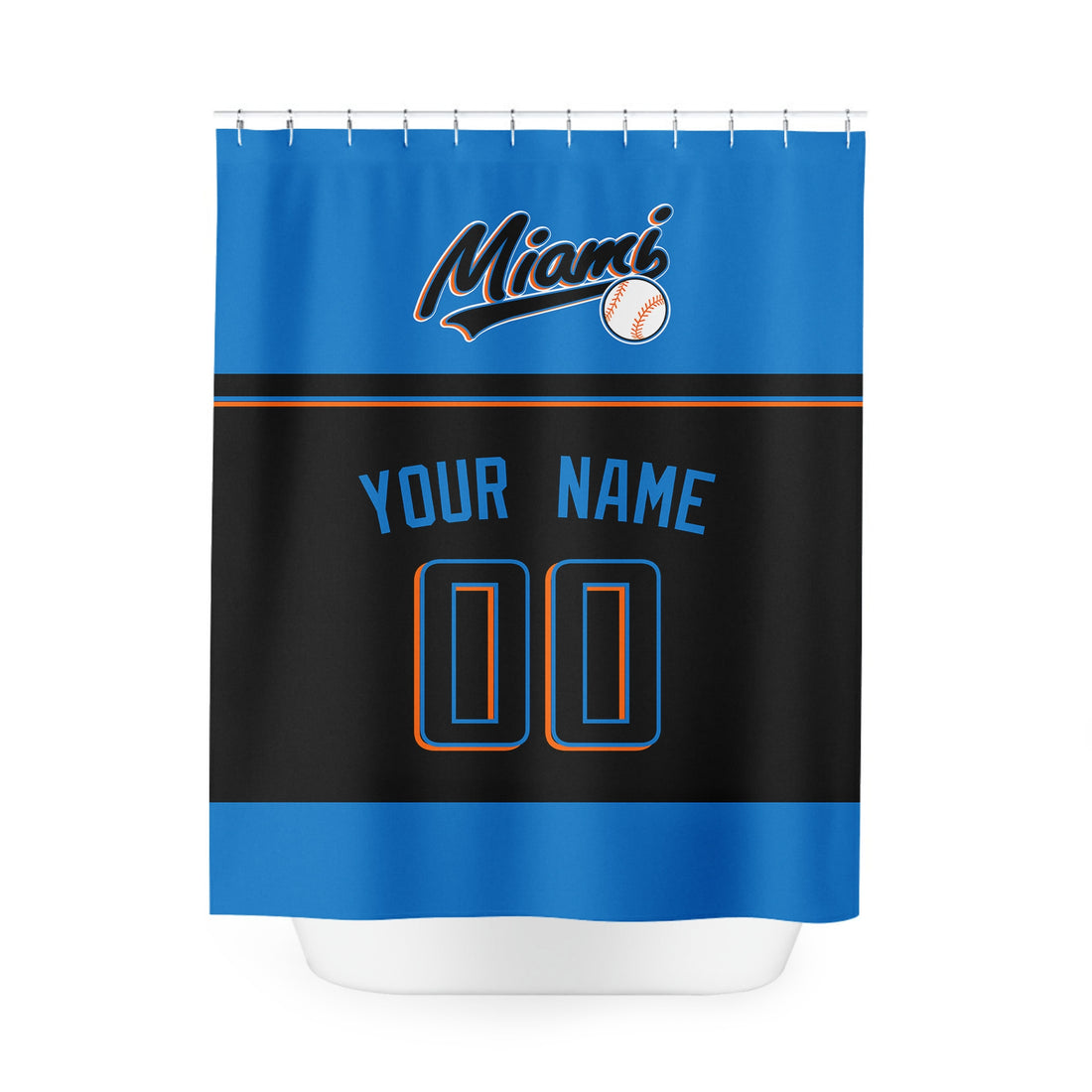 Personalized Miami baseball shower curtain in blue black and orange with custom name and number on white background