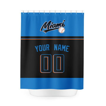 Personalized Miami baseball shower curtain in blue black and orange with custom name and number on white background