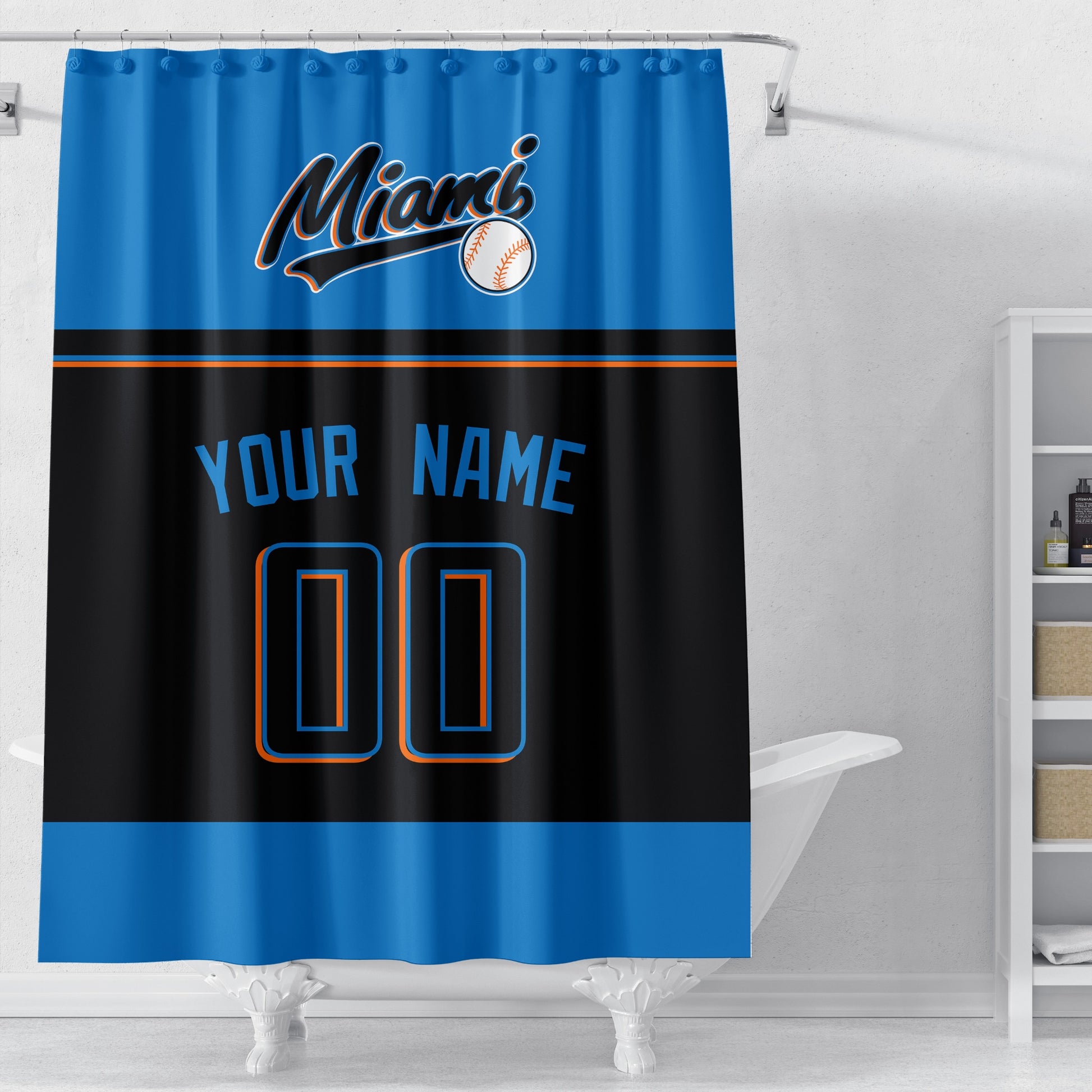 Personalized Miami baseball shower curtain in blue black and orange displayed above a bathtub in a bright bathroom