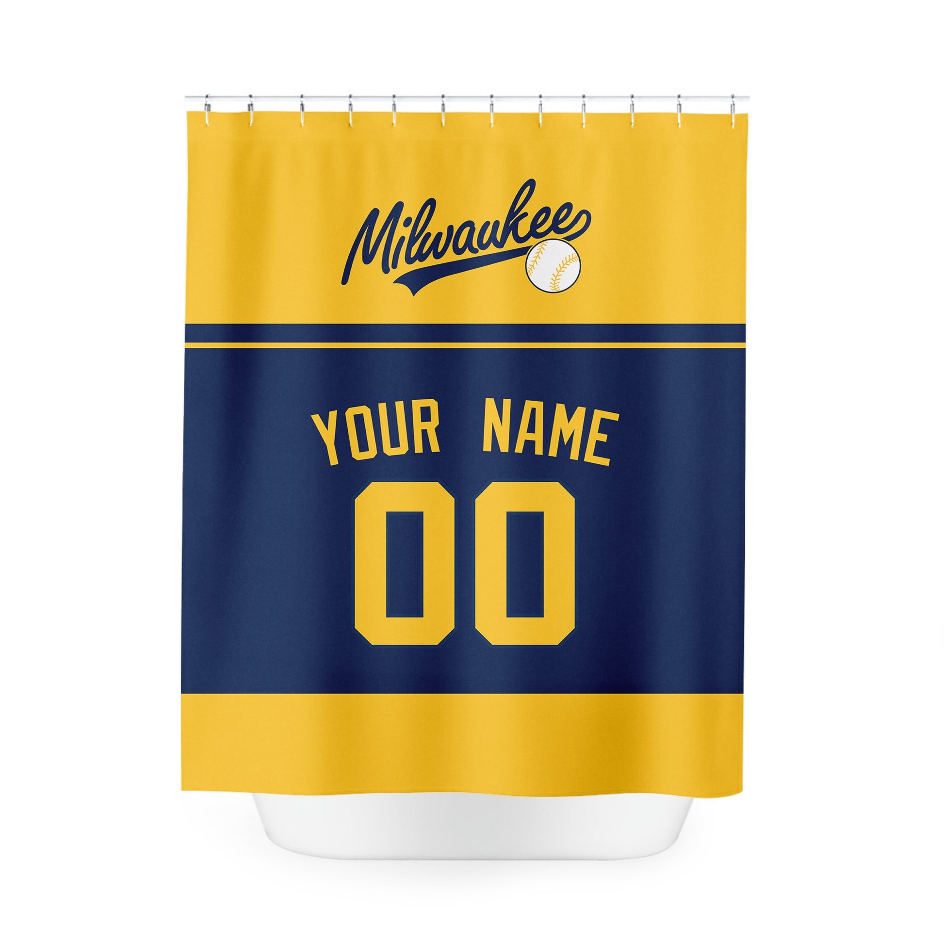 Personalized Milwaukee baseball shower curtain in gold navy and yellow with custom name and number on white background