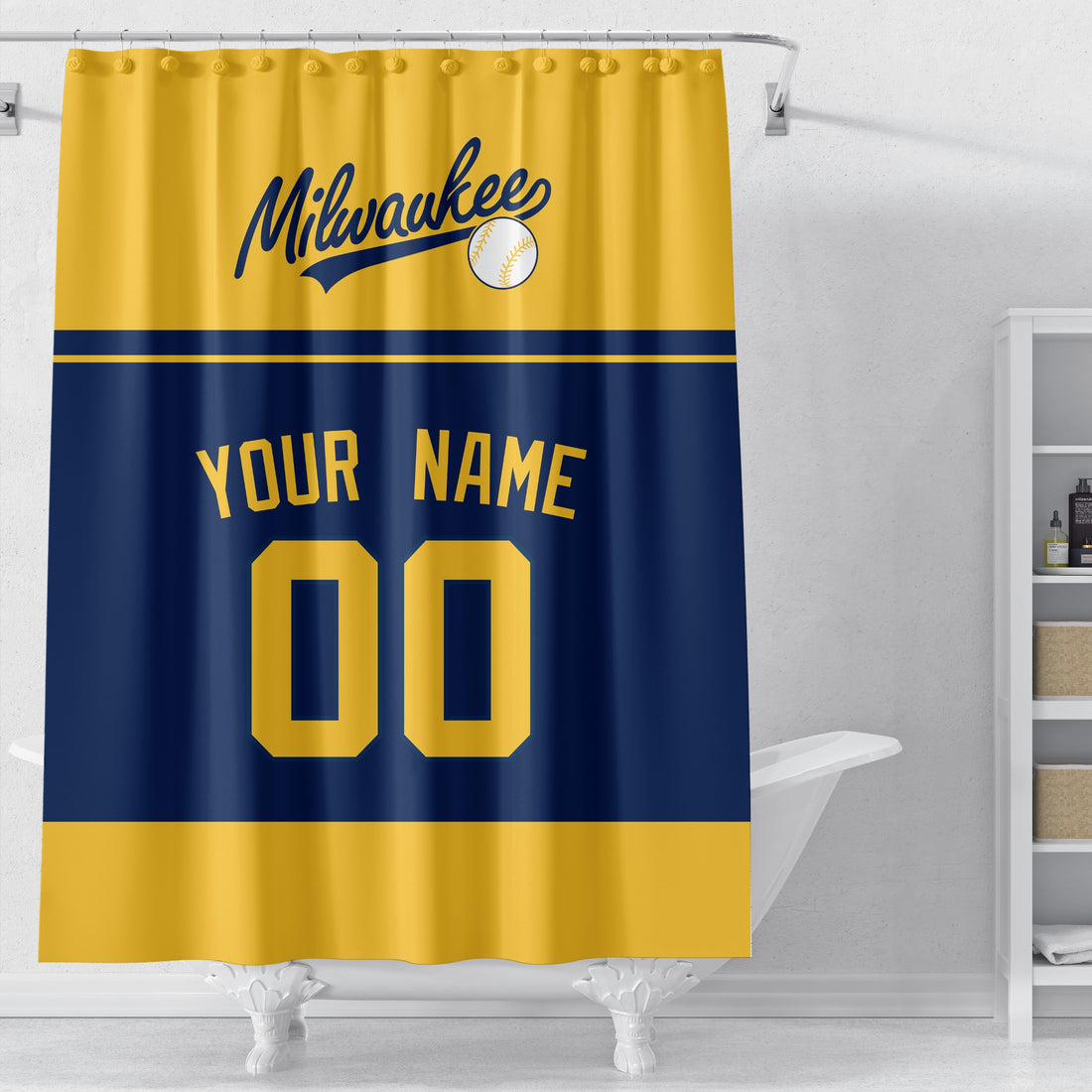 Personalized Milwaukee baseball shower curtain in gold navy and yellow with custom name and number on white background