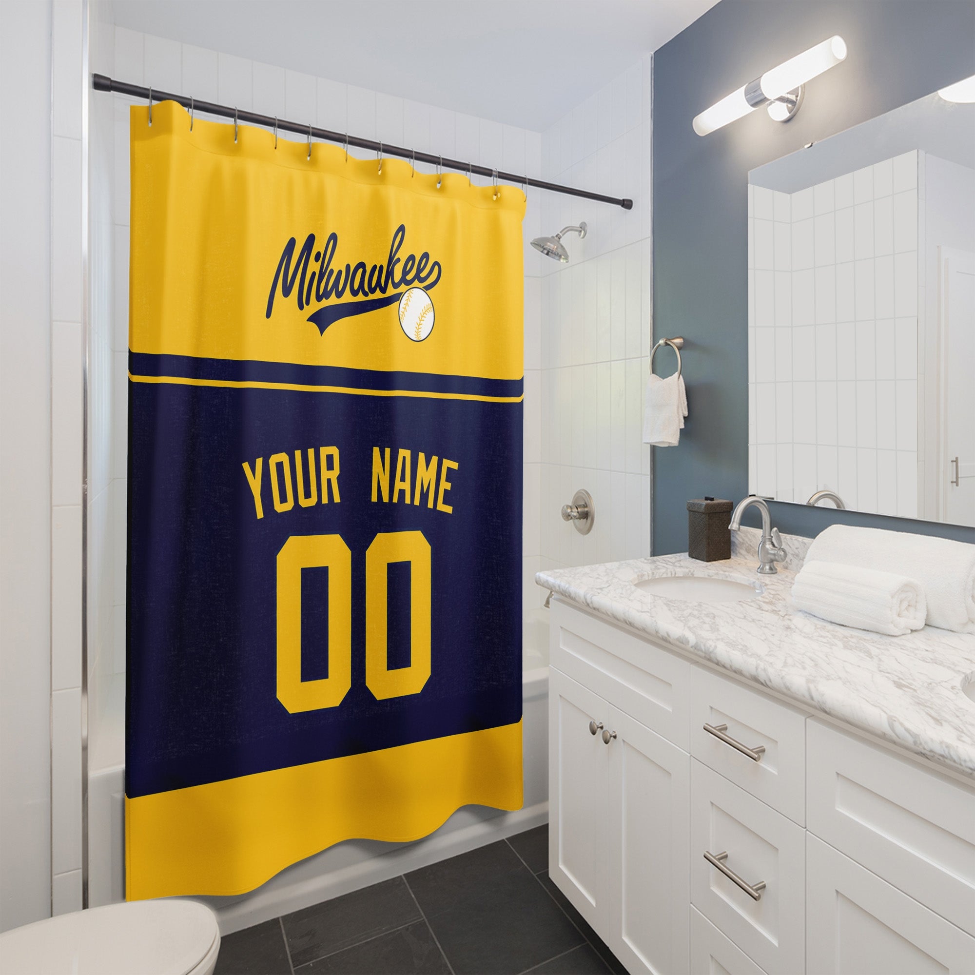 Personalized Milwaukee baseball shower curtain in gold navy and yellow hanging in a modern bathroom with custom name and number