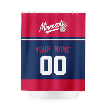 Personalized Minnesota baseball shower curtain in red navy and white with custom name and number on white background
