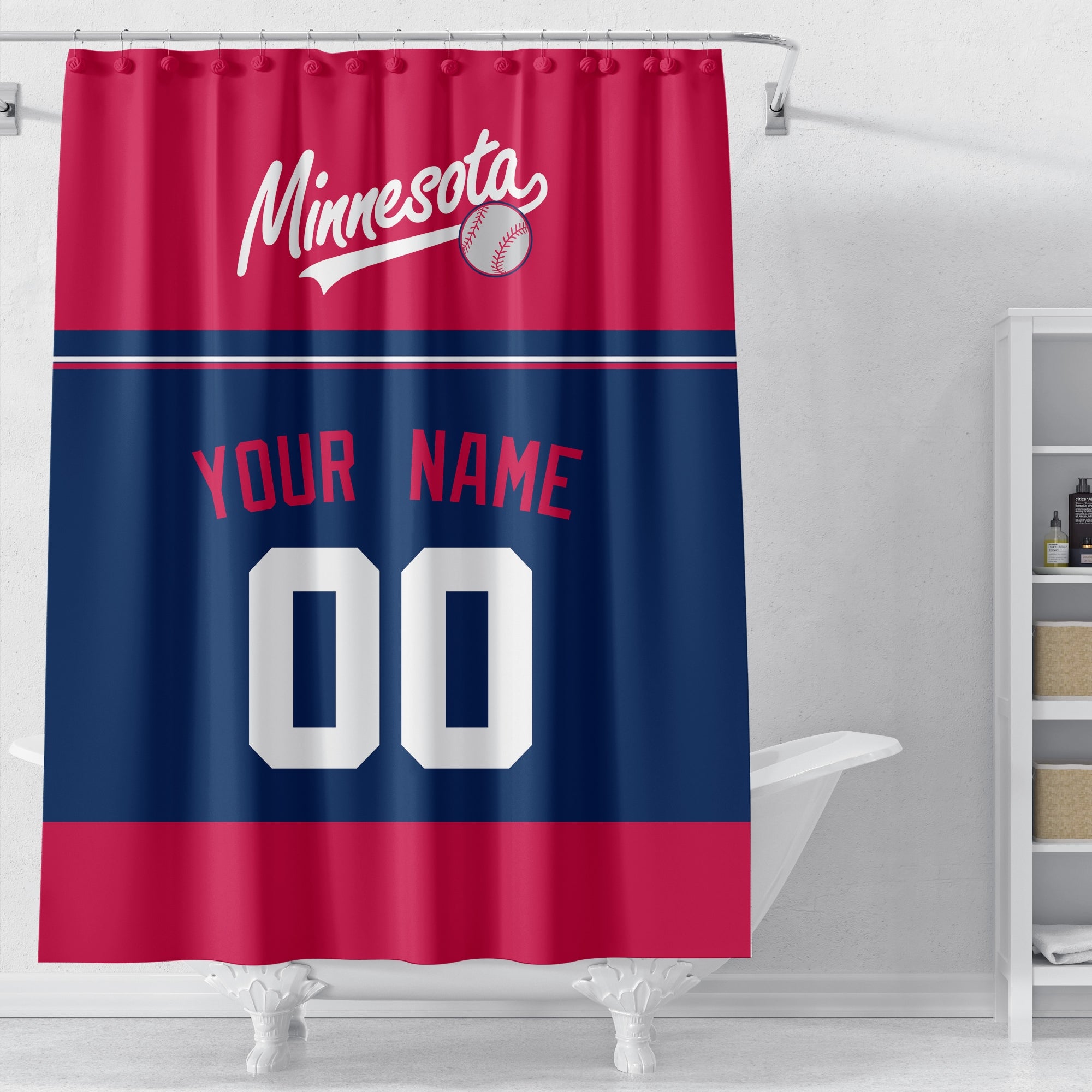 Personalized Minnesota baseball shower curtain in red navy and white displayed above a bathtub in a bright bathroom