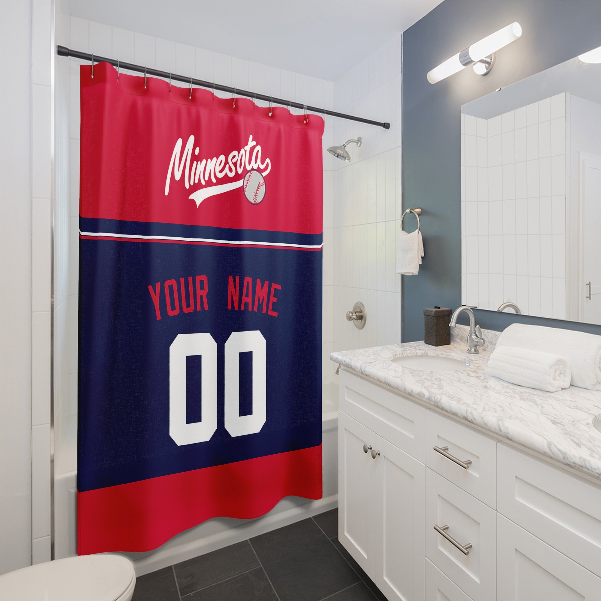 Personalized Minnesota baseball shower curtain in red navy and white hanging in a modern bathroom with custom name and number