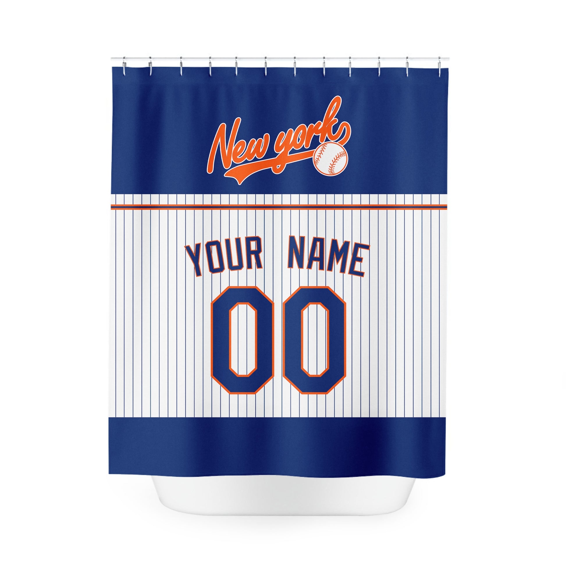 Personalized New York Blue Orange baseball shower curtain in navy white and orange with custom name and number on white background