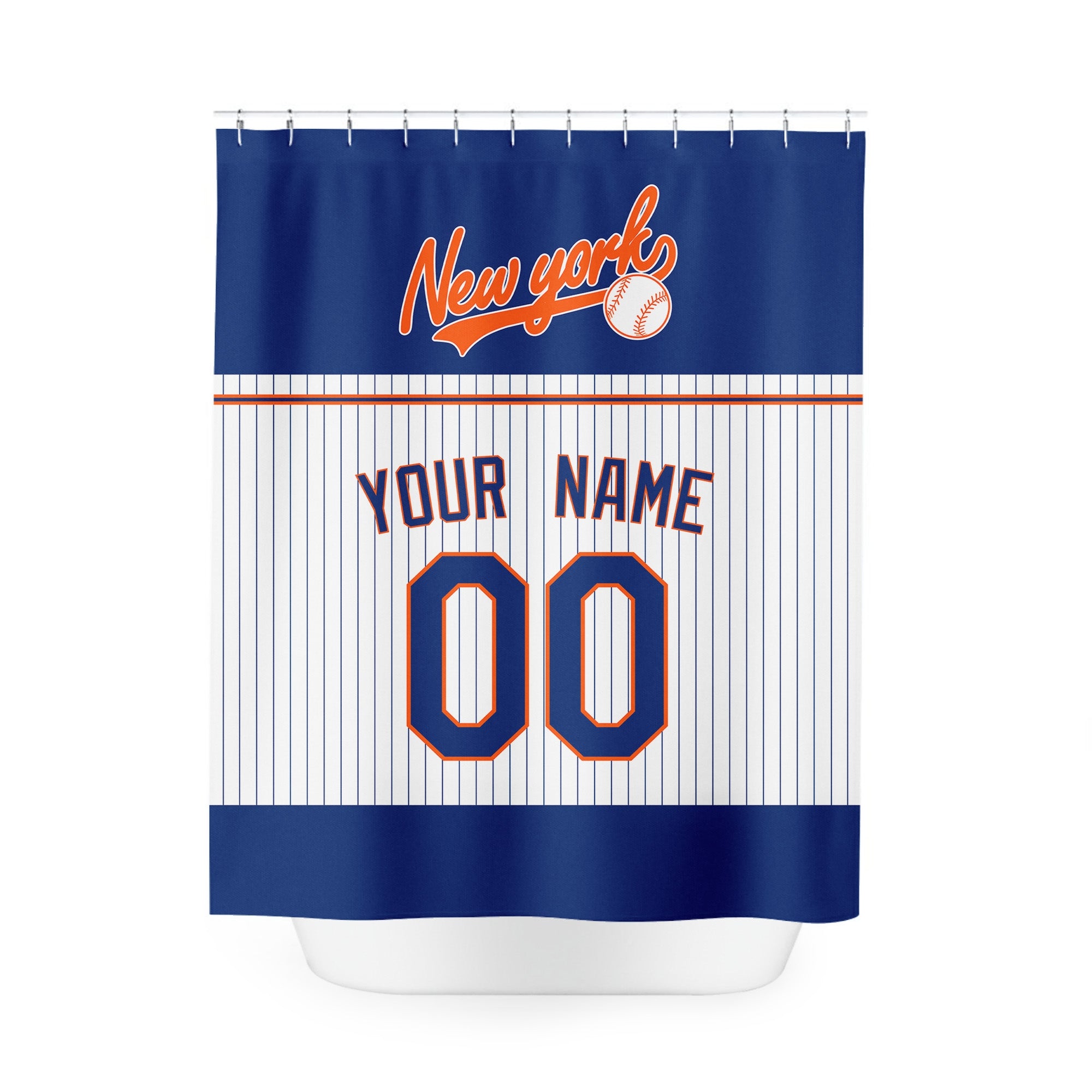 Personalized New York Blue Orange baseball shower curtain in navy white and orange with custom name and number on white background