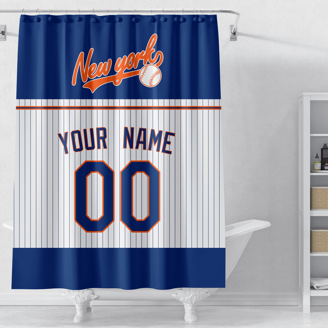 Personalized New York Blue Orange baseball shower curtain in navy white and orange with custom name and number on white background