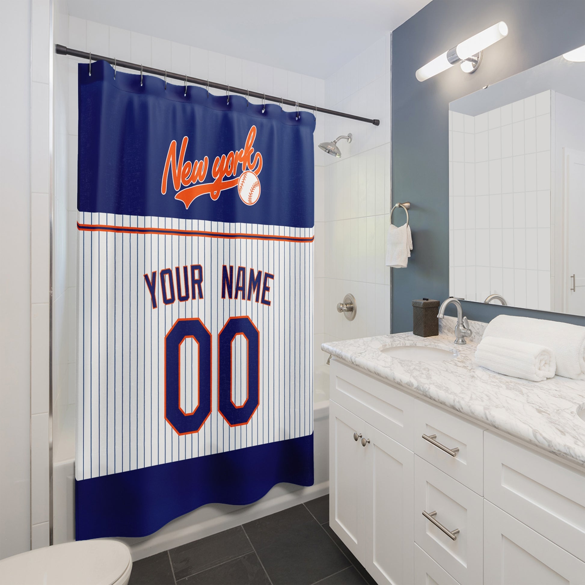 Personalized New York Blue Orange baseball shower curtain in navy white and orange hanging in a modern bathroom with custom name and number