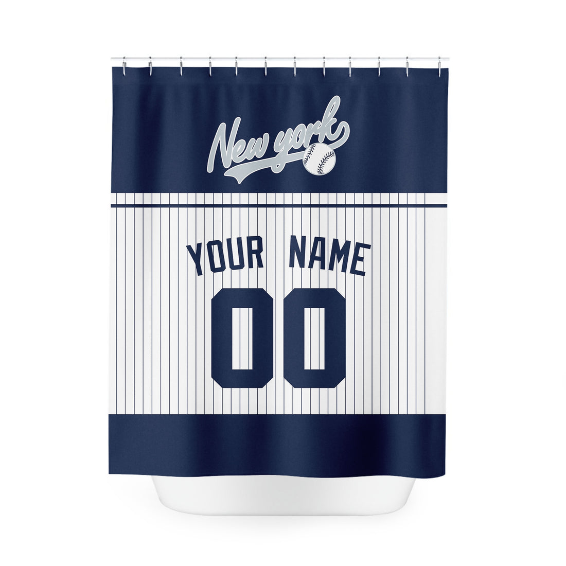 Personalized New York Navy baseball shower curtain in navy white and gray with custom name and number on white background
