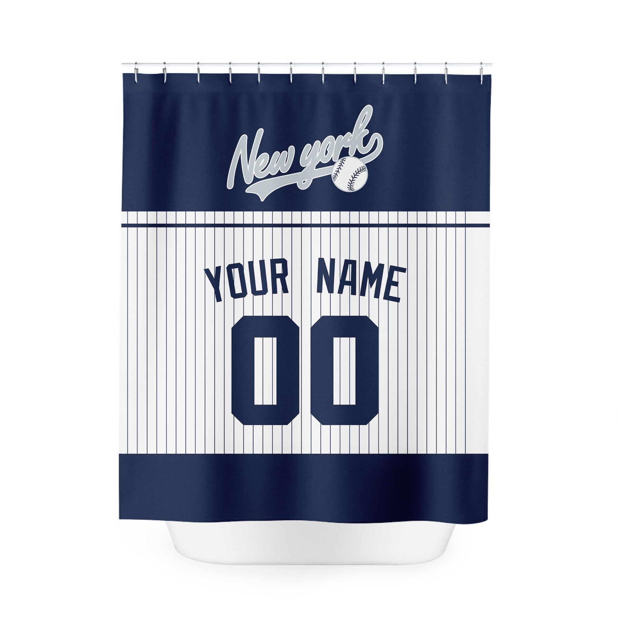 Personalized New York Navy baseball shower curtain in navy white and gray with custom name and number on white background
