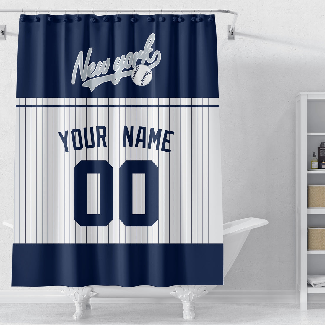 Personalized New York Navy baseball shower curtain in navy white and gray with custom name and number on white background