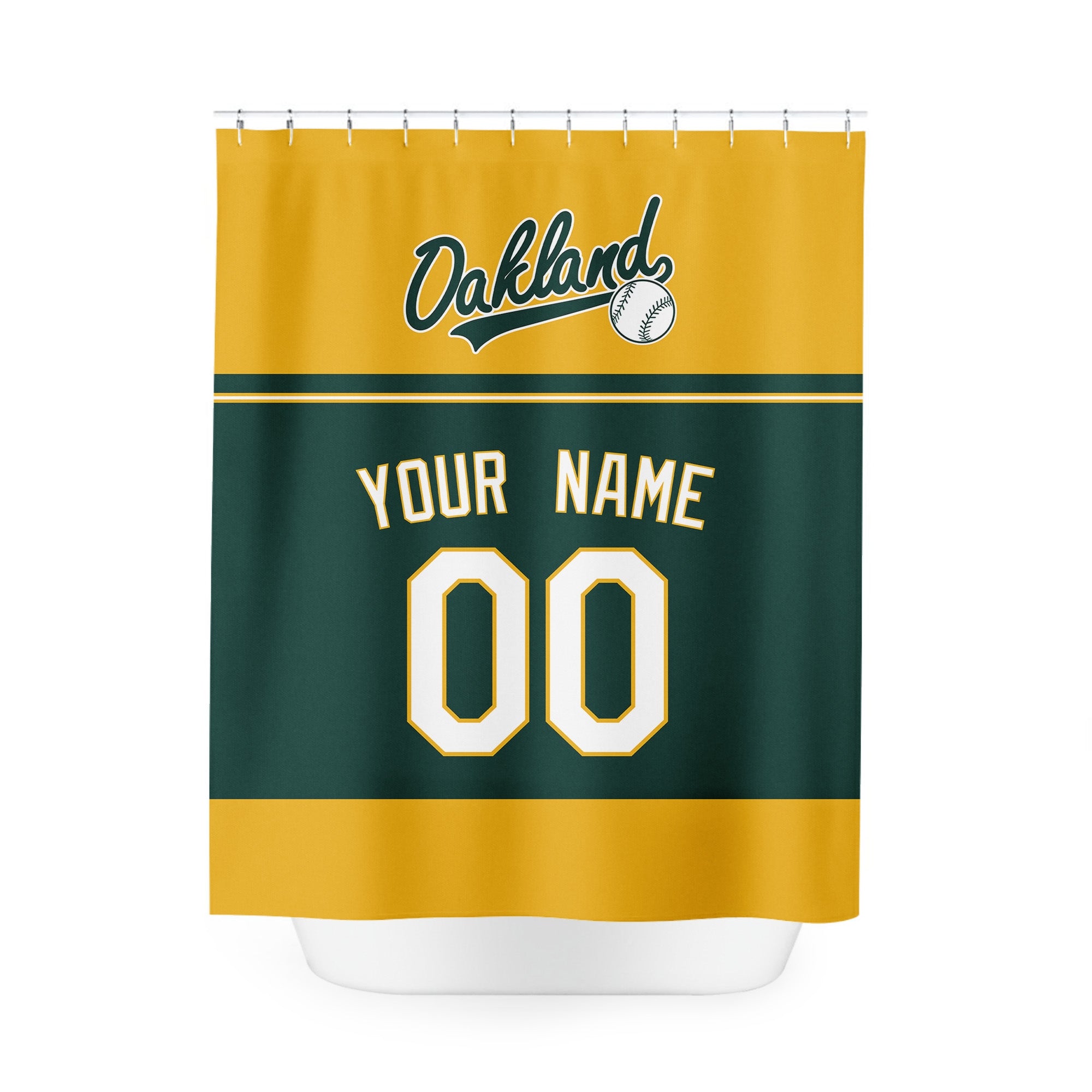 Personalized Oakland baseball shower curtain in gold green and white with custom name and number on white background