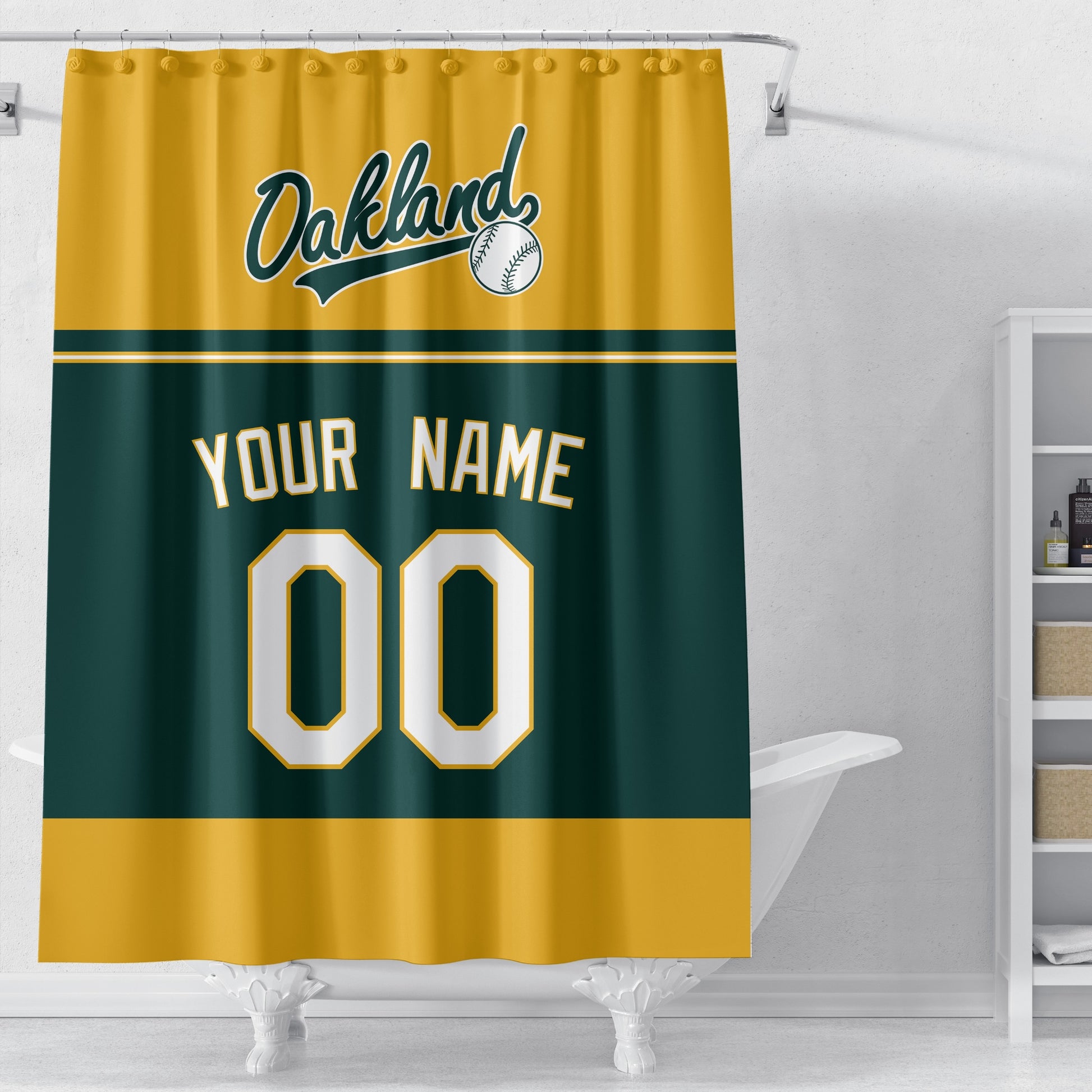 Personalized Oakland baseball shower curtain in gold green and white displayed above a bathtub in a bright bathroom