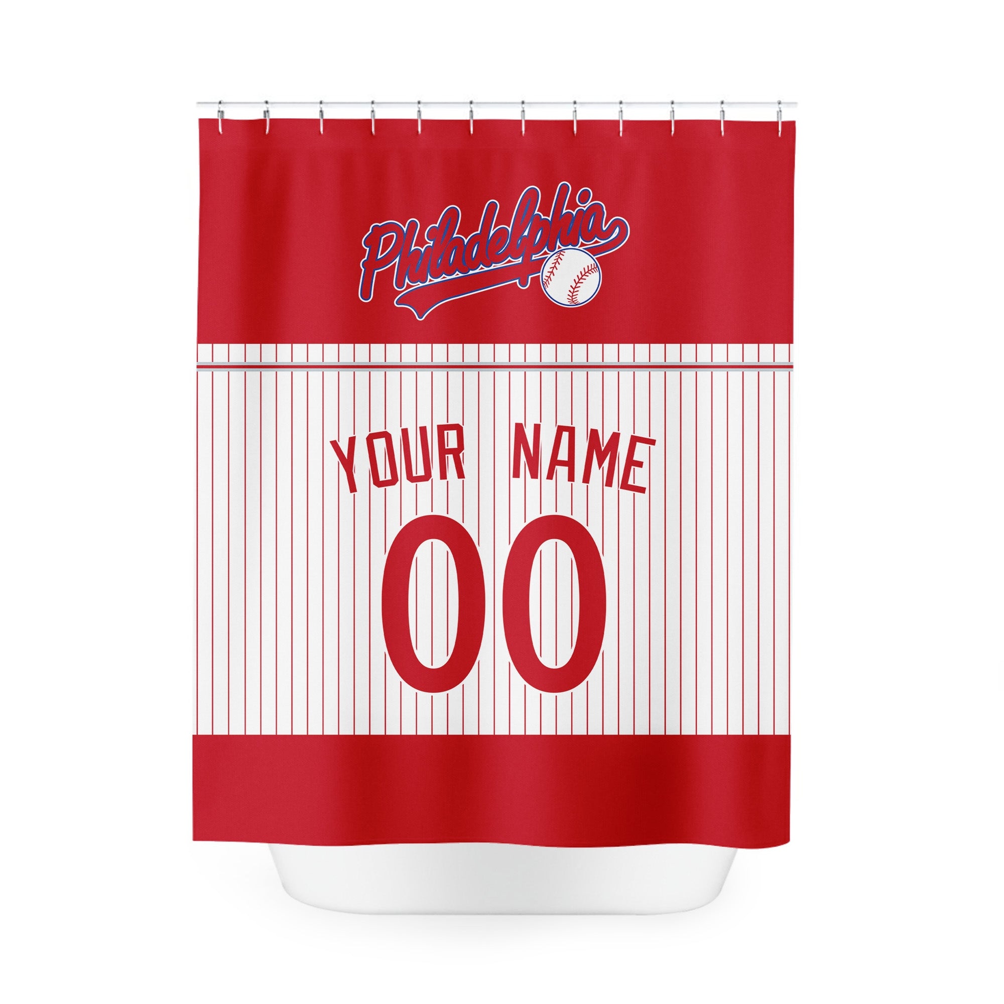 Personalized Philadelphia baseball shower curtain in red white and gray with custom name and number on white background