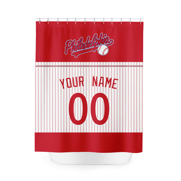 Personalized Philadelphia baseball shower curtain in red white and gray with custom name and number on white background