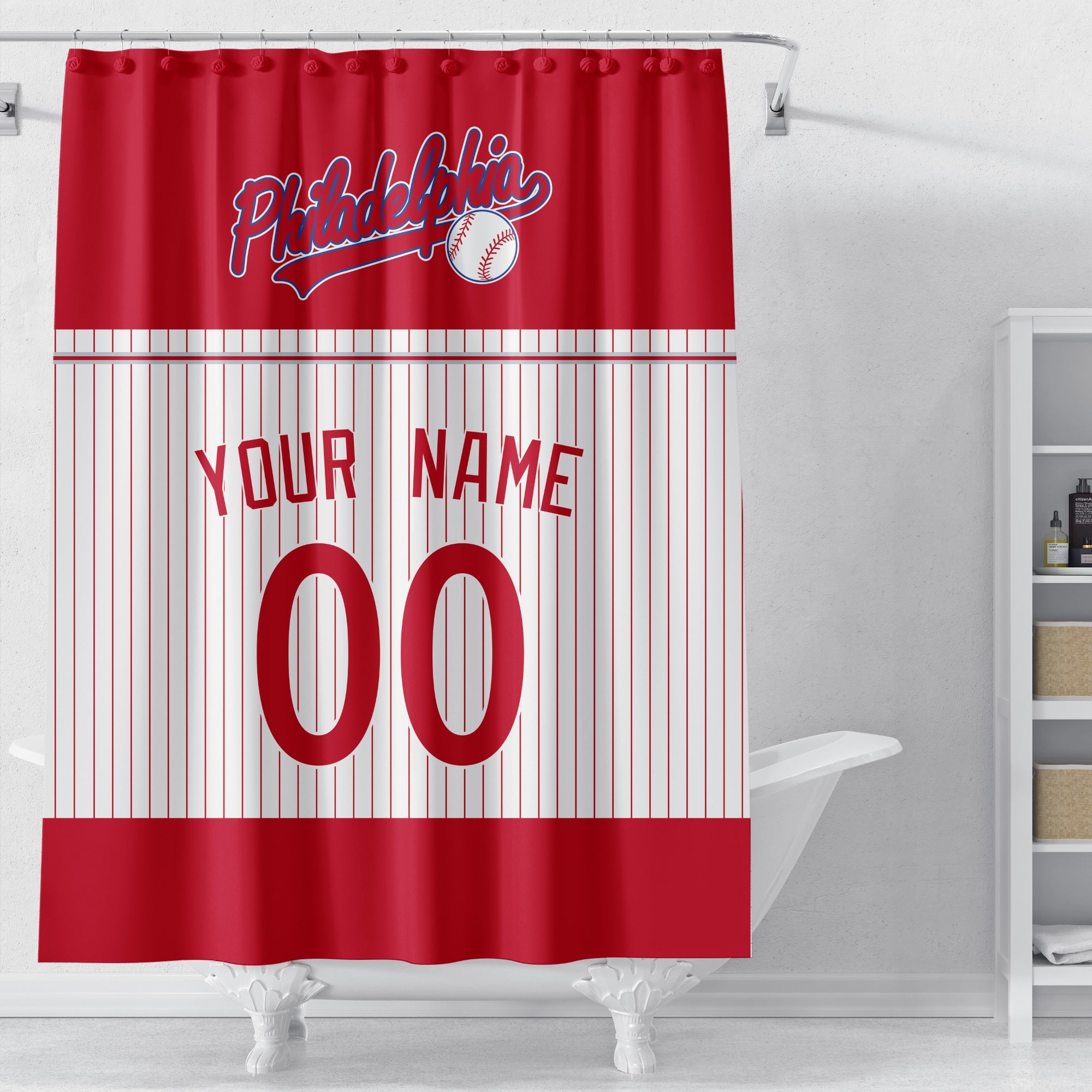 Personalized Philadelphia baseball shower curtain in red white and gray displayed above a bathtub in a bright bathroom