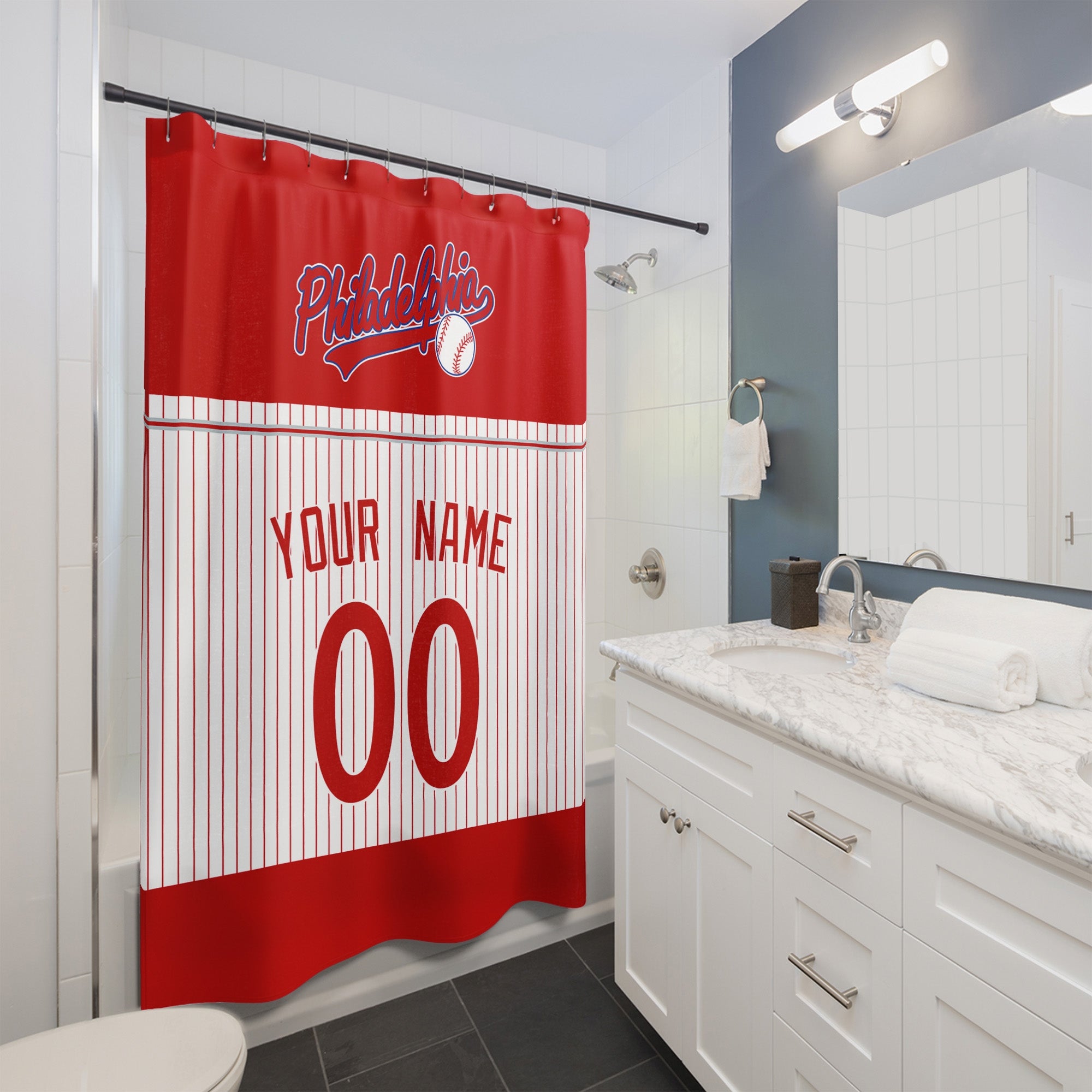 Personalized Philadelphia baseball shower curtain in red white and gray hanging in a modern bathroom with custom name and number