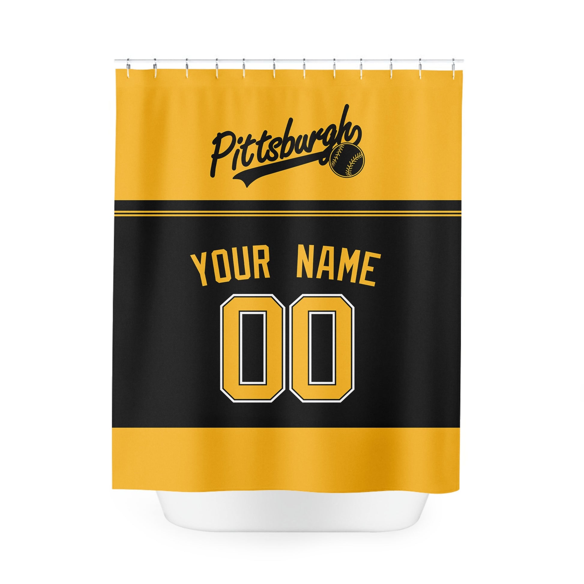 Personalized Pittsburgh baseball shower curtain in gold black and white with custom name and number on white background