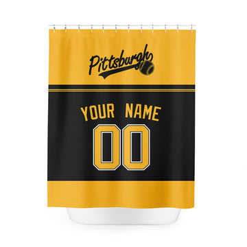 Personalized Pittsburgh baseball shower curtain in gold black and white with custom name and number on white background