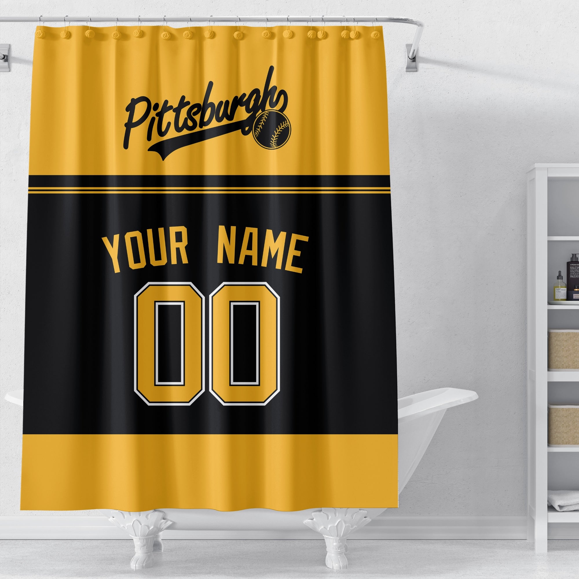 Personalized Pittsburgh baseball shower curtain in gold black and white displayed above a bathtub in a bright bathroom