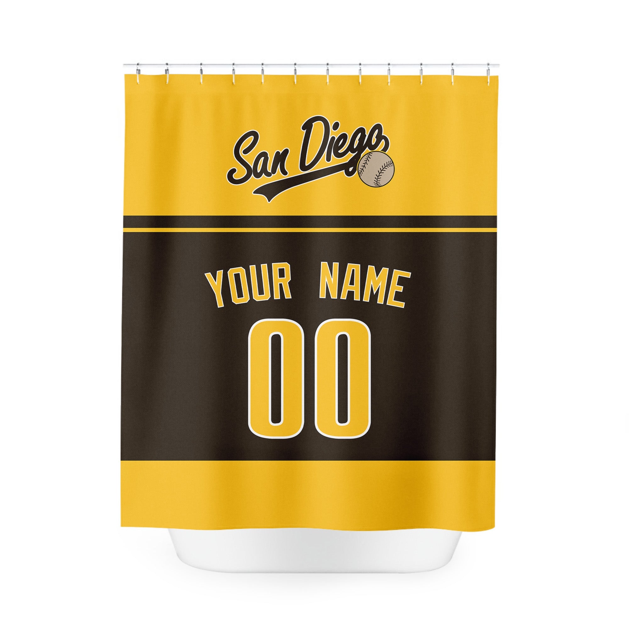 Personalized San Diego baseball shower curtain in gold black and brown with custom name and number on white background