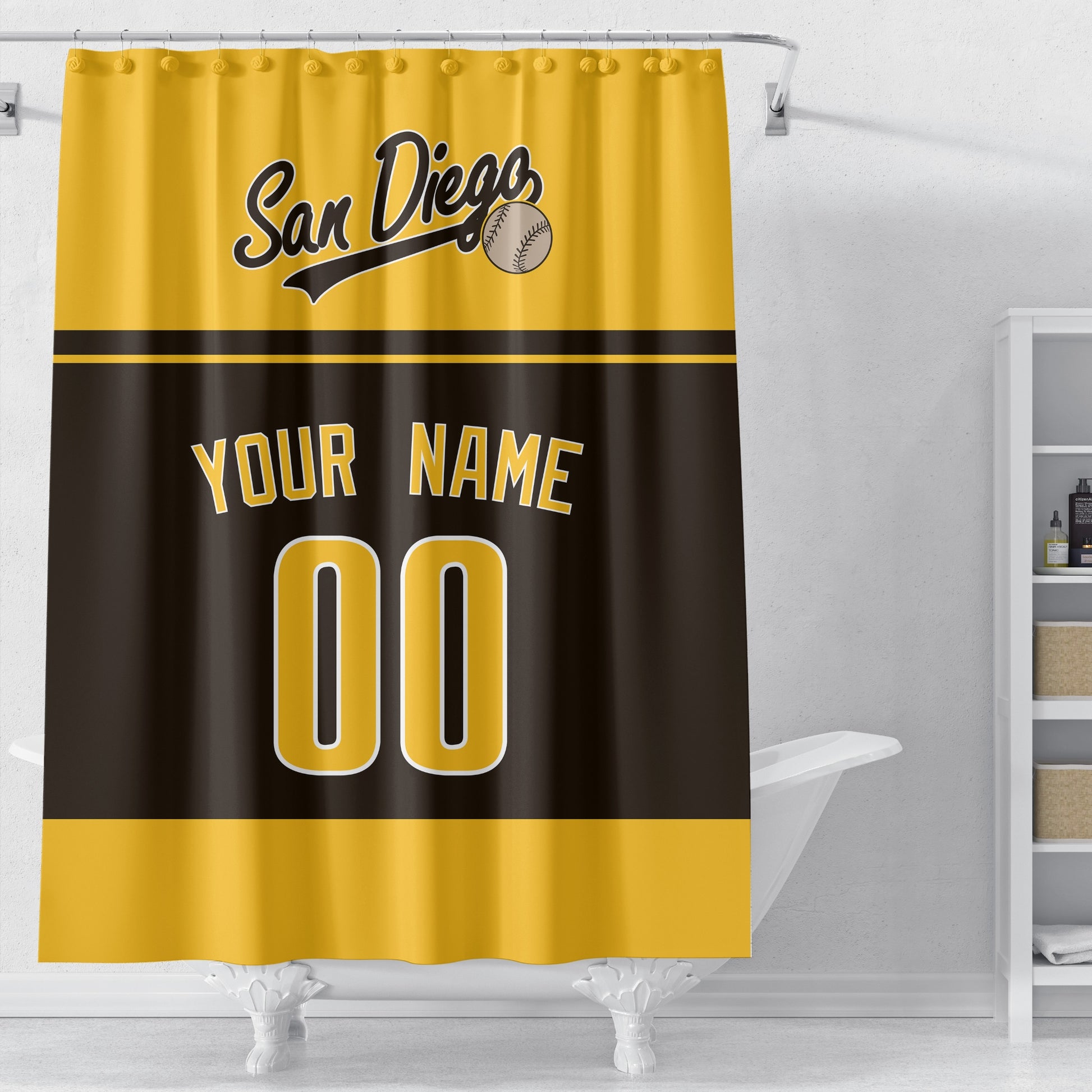 Personalized San Diego baseball shower curtain in gold black and brown displayed above a bathtub in a bright bathroom