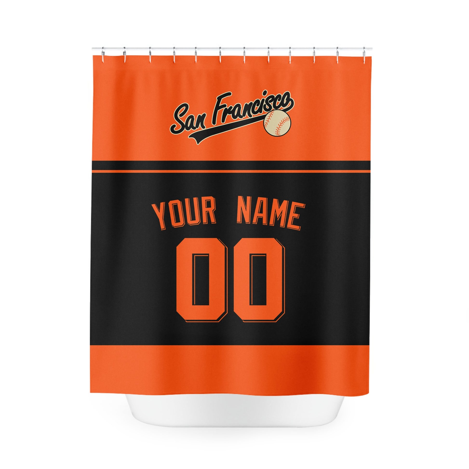 Personalized San Francisco baseball shower curtain in orange black and white with custom name and number on white background