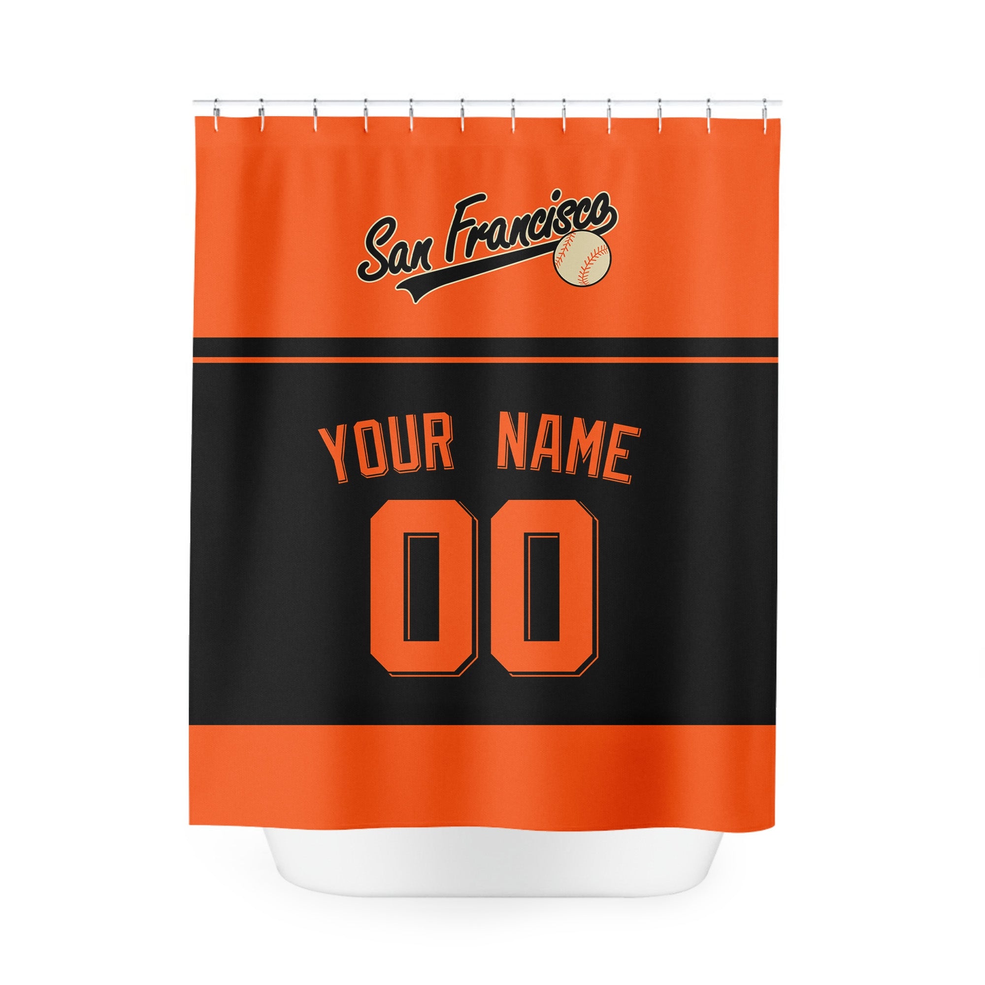 Personalized San Francisco baseball shower curtain in orange black and white with custom name and number on white background